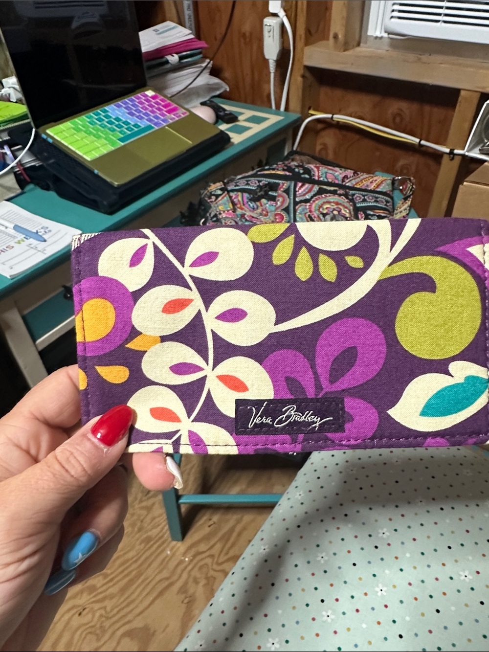 Vera Bradley Purple Floral Quilted Wallet with Multicolor Leaf Design